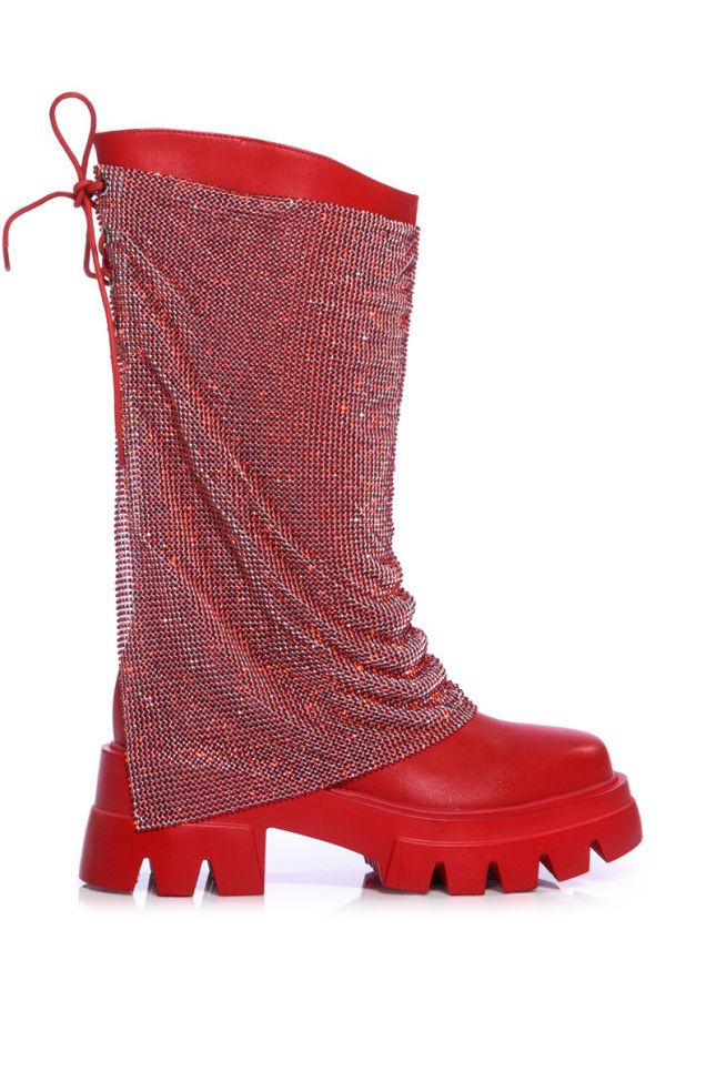 Side View Azalea Wang Bloomfield Embellished Boot In Red