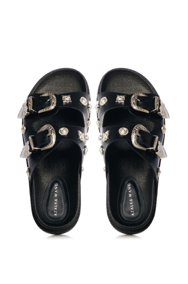 Side View Azalea Wang Boca Raton Black Hardware Embellished Sandal