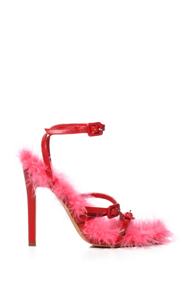 Side View Azalea Wang Boogie Down Feather Detail Stiletto Sandal In Red
