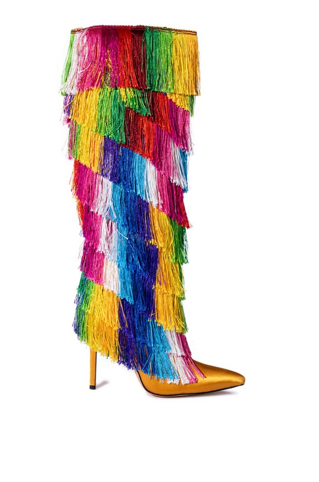 Side View Azalea Wang Bring The Party Knee High Boot With Rainbow Fringe