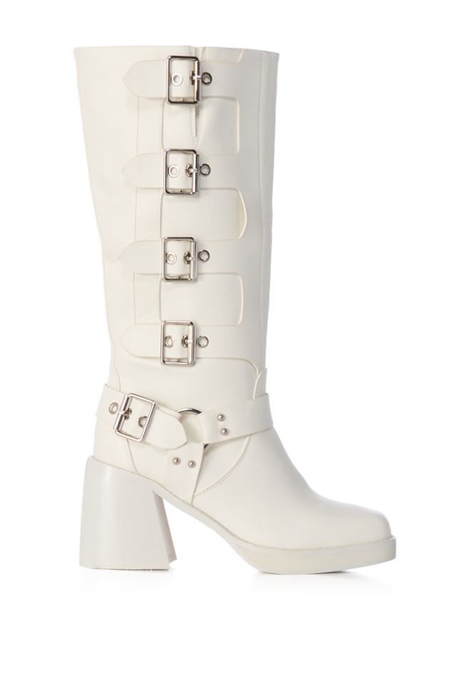 Side View Azalea Wang Bronson White Chunky Boot With Buckle Detail