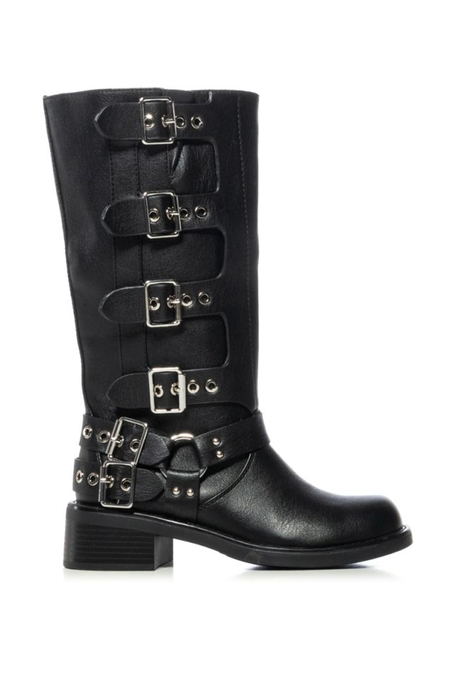 Side View Azalea Wang Buckled Up Black Riding Bootie