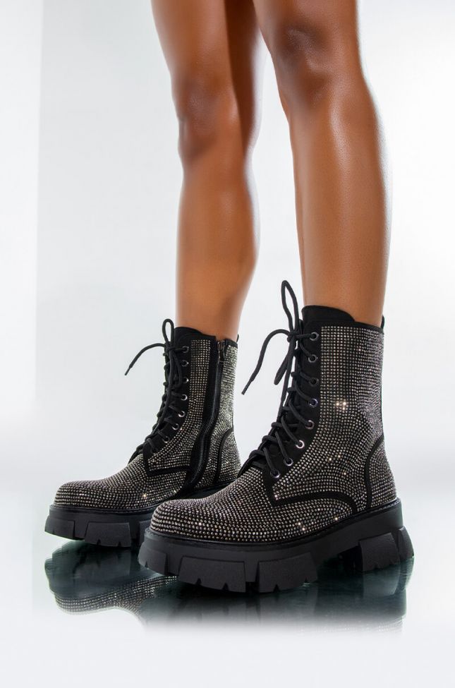 Front View Azalea Wang Cant Outshine The Shiner Flatform Bootie In Black