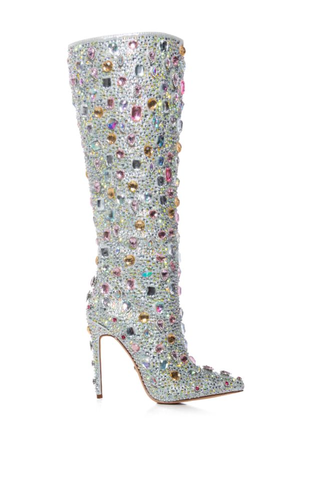 Extra View Azalea Wang Champagne Memories Rhinestone Covered Knee High Boot In Pink