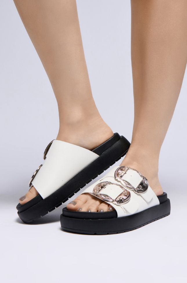 Front View Azalea Wang Chantaye White Sandal With Buckle Detail