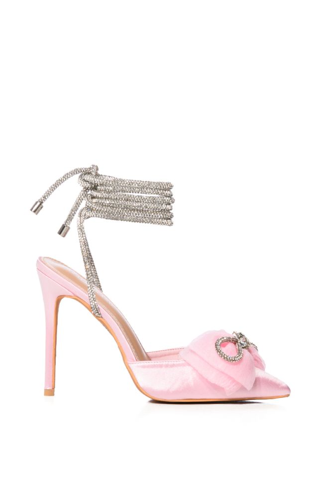 AZALEA WANG CHANTE EMBELLISHED LACE UP PUMP WITH BOW IN PINK