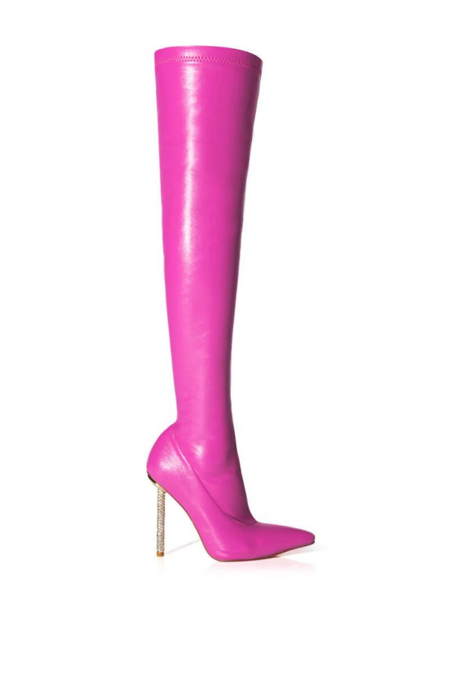 Side View Azalea Wang Charmed Rhinestone Stiletto Boot In Pink