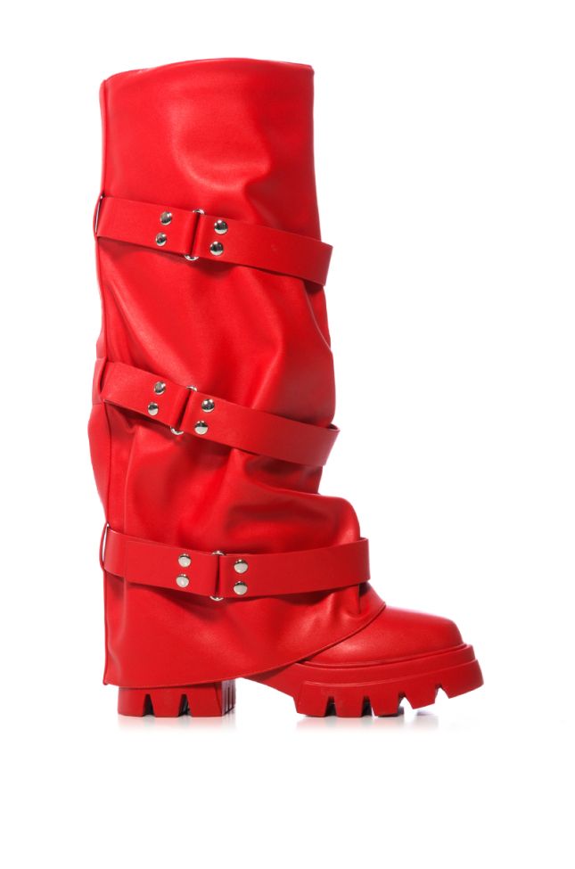 Side View Azalea Wang Charna Fold Over Flatform Boot In Red