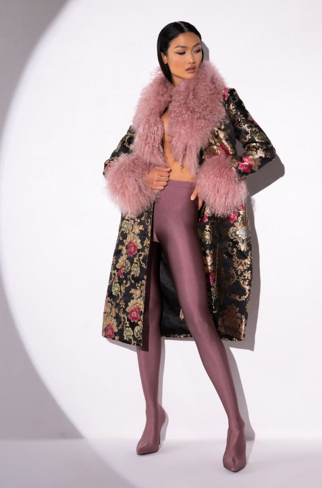 Front View Azalea Wang Cherry Lane Brocade Trench With Mohair Fur