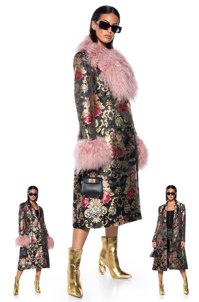 Front View Azalea Wang Cherry Lane Brocade Trench With Mohair Fur
