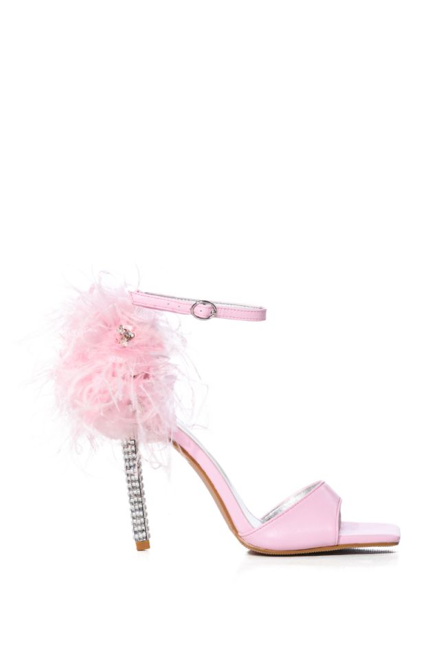 Side View Azalea Wang Clarice Feather Sandal With Rhinestone Stiletto Heel In Pink