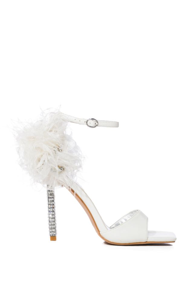 Side View Azalea Wang Clarice Feather Sandal With Rhinestone Stiletto Heel In White