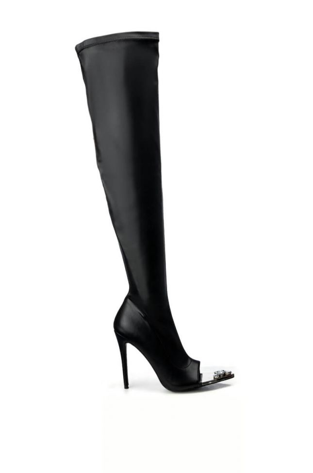 Side View Azalea Wang Clover Thigh High Open Toe Boot In Black Stretch