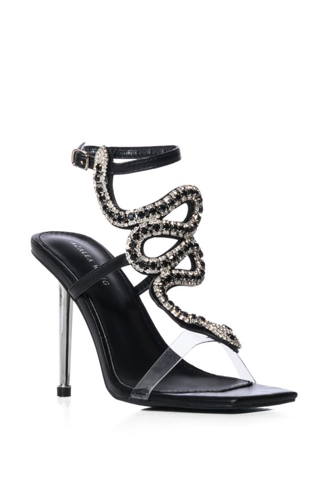 Back View Azalea Wang Cobra Snake Embellished Stiletto Sandal In Black
