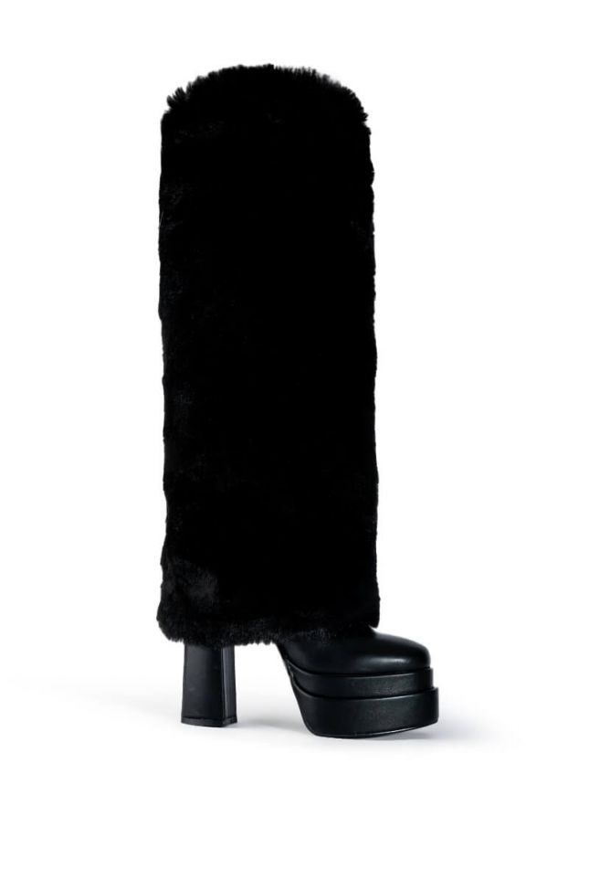 Side View Azalea Wang Coco Fur Fold Over Boot In Black