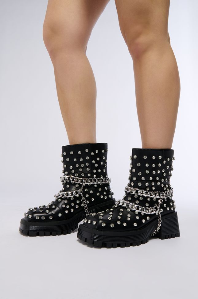 Front View Azalea Wang Coven Black Embellished Combat Boot