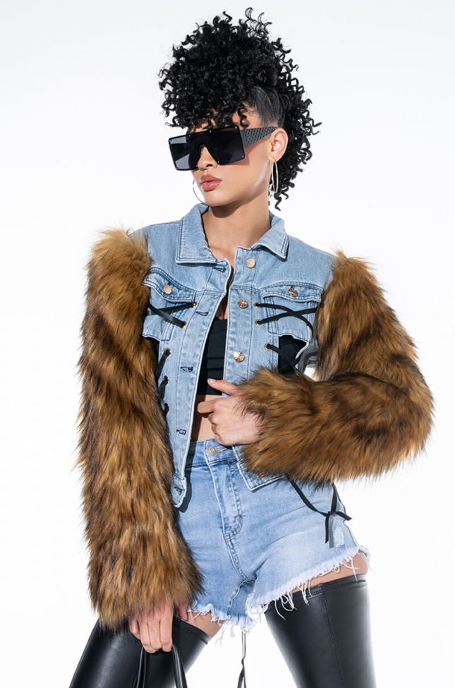 Front View Azalea Wang Crush On You Lace Up Denim Jacket With Faux Fur Sleeves