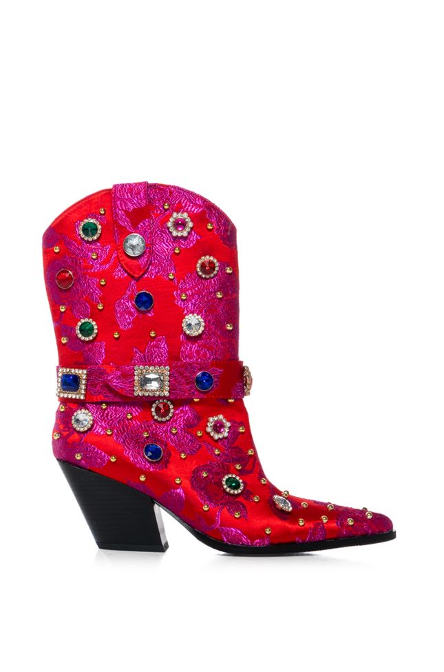 Side View Azalea Wang Diligent Red Brocade And Gems Western Bootie