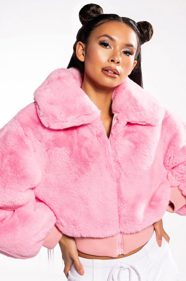 Side View Azalea Wang Drew Faux Fur Bomber With Rib Trim In Pink