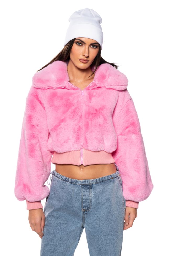 Side View Azalea Wang Drew Faux Fur Bomber With Ribbed Knit Trim In Pink
