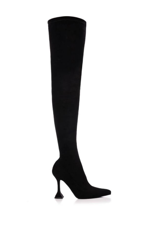Side View Azalea Wang Elevate Thigh High Stretch Suede Boot In Black