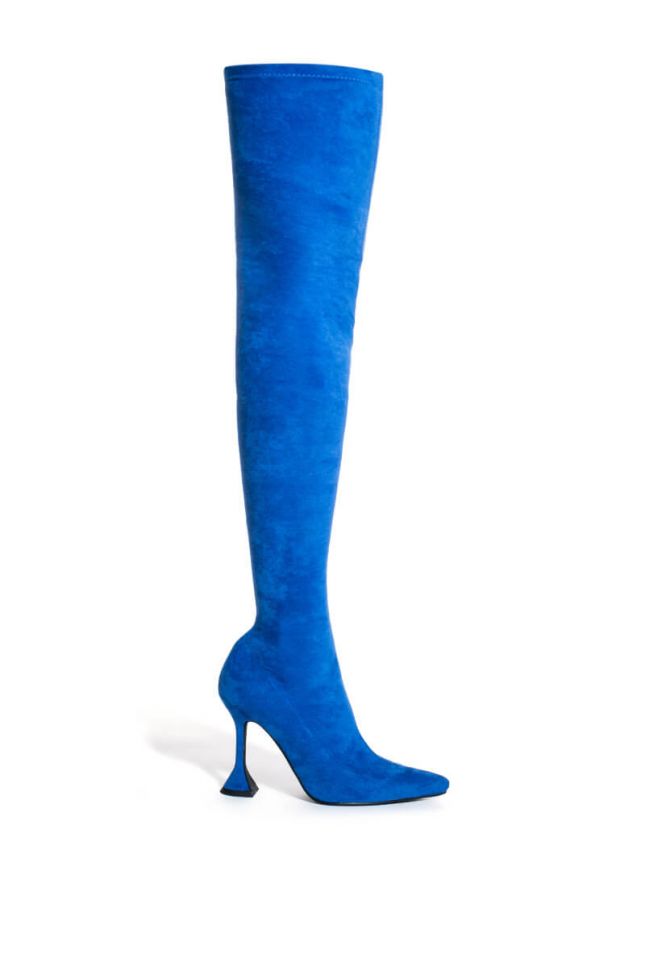 Side View Azalea Wang Elevate Thigh High Stretch Suede Boot In Blue