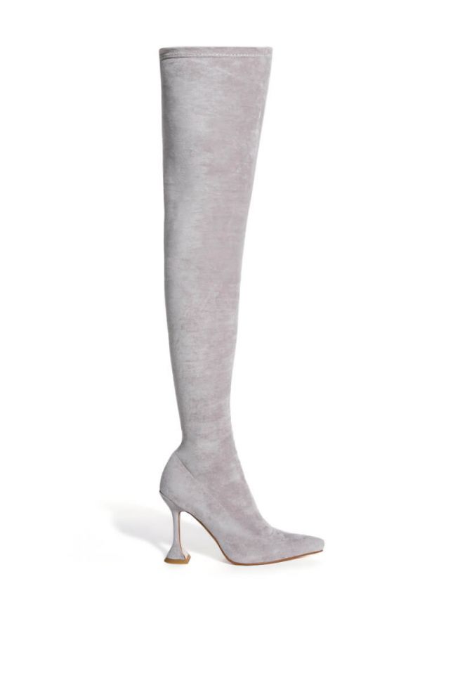 Side View Azalea Wang Elevate Thigh High Stretch Suede Boot In Grey