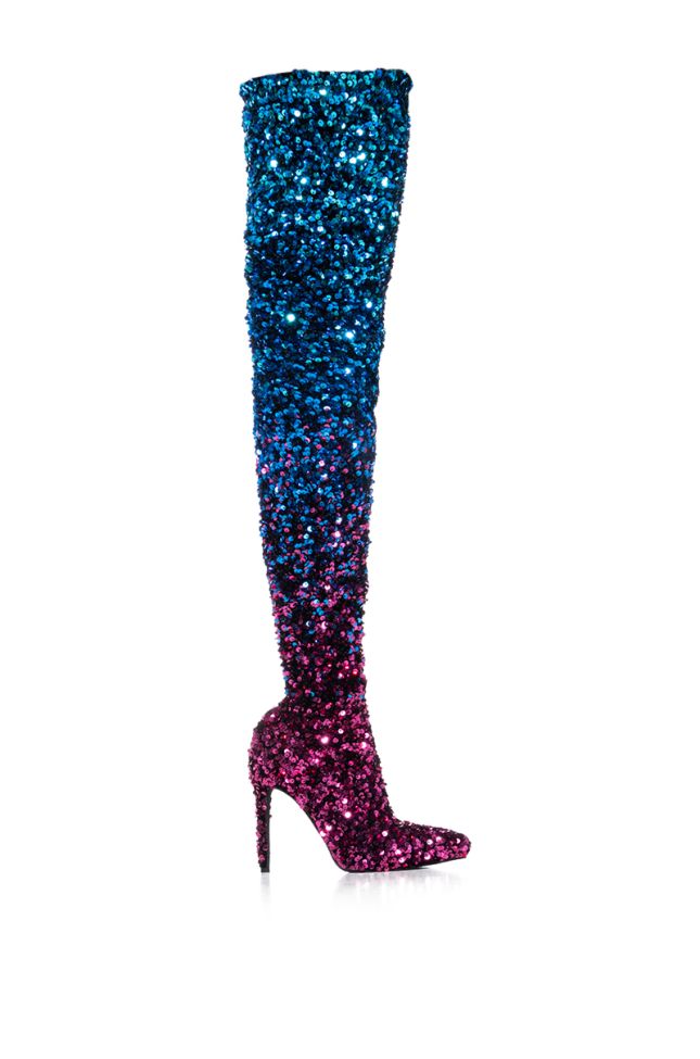 Side View Azalea Wang Elliana Ombre Sequin Thigh High Boot In Blue Multi