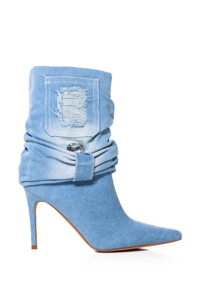 Side View Azalea Wang Empowered Embellished Foldover Bootie In Denim