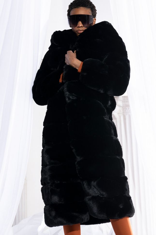 Front View Azalea Wang Faux Fur Panel Hooded Trench In Black