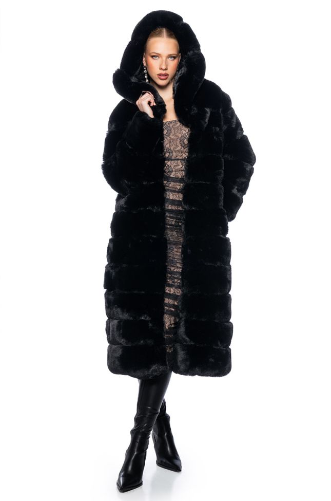 Extra View Azalea Wang Faux Fur Panel Hooded Trench In Black