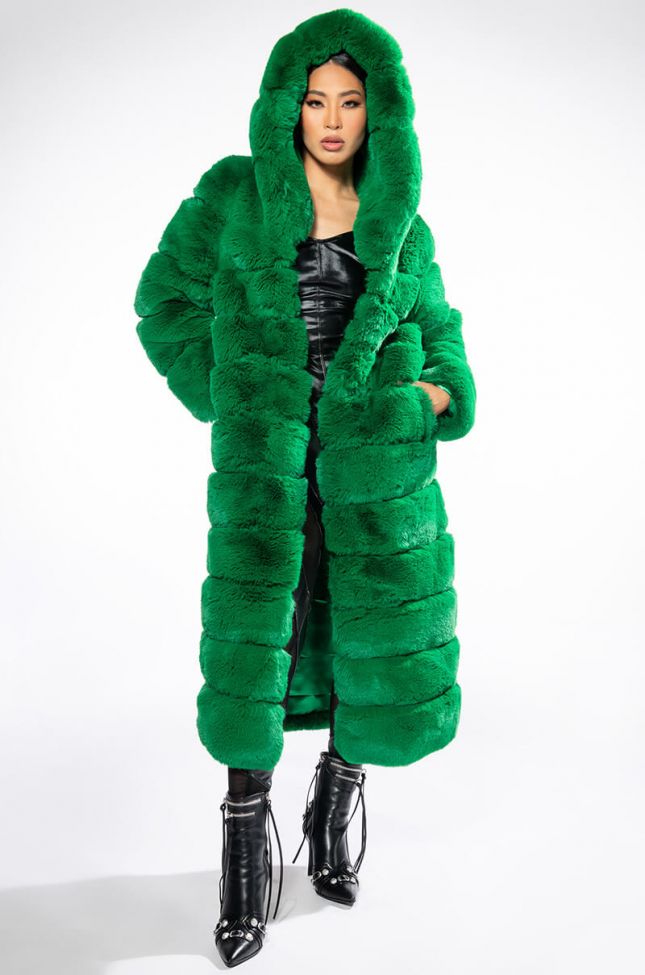 Front View Azalea Wang Faux Fur Panel Hooded Trench In Green