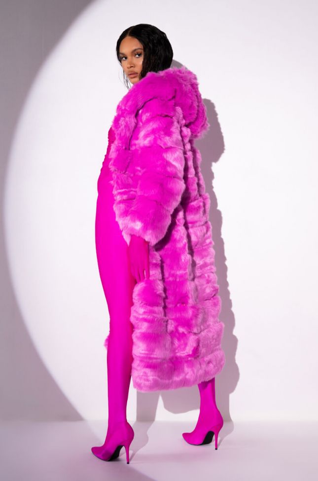 Back View Azalea Wang Faux Fur Panel Hooded Trench In Pink