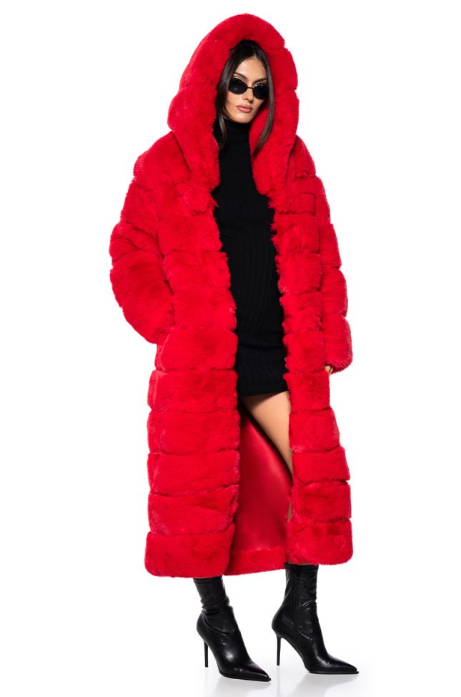 Front View Azalea Wang Faux Fur Panel Hooded Trench In Red
