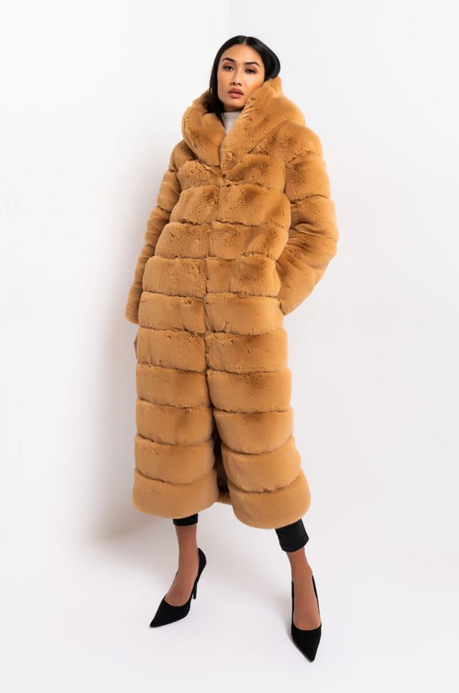 Front View Azalea Wang Faux Fur Panel Hooded Trench in Camel