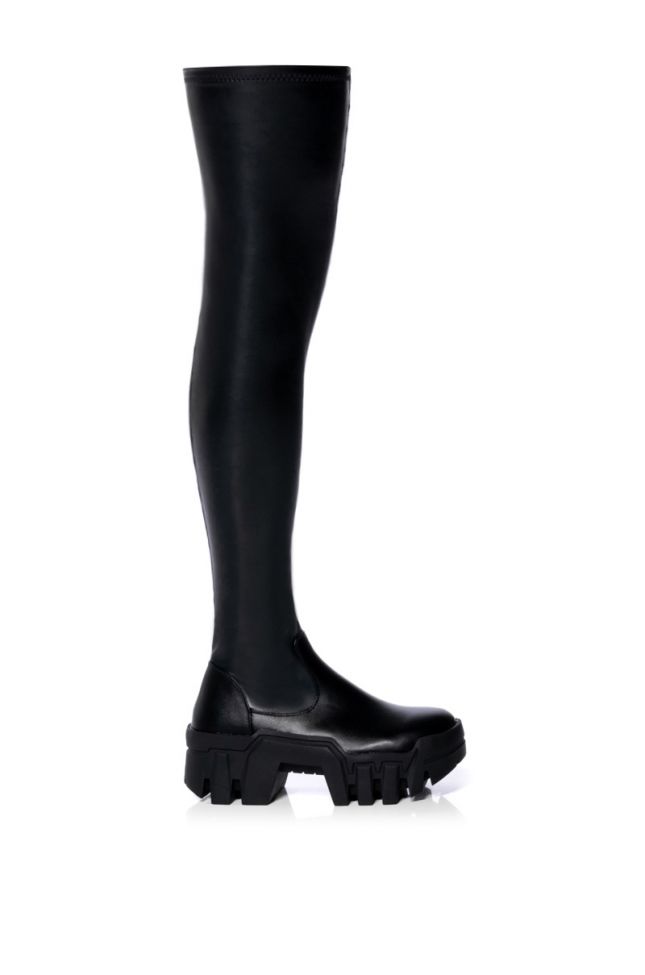Side View Azalea Wang Favored Stretch Pu Thigh High Boot In Black