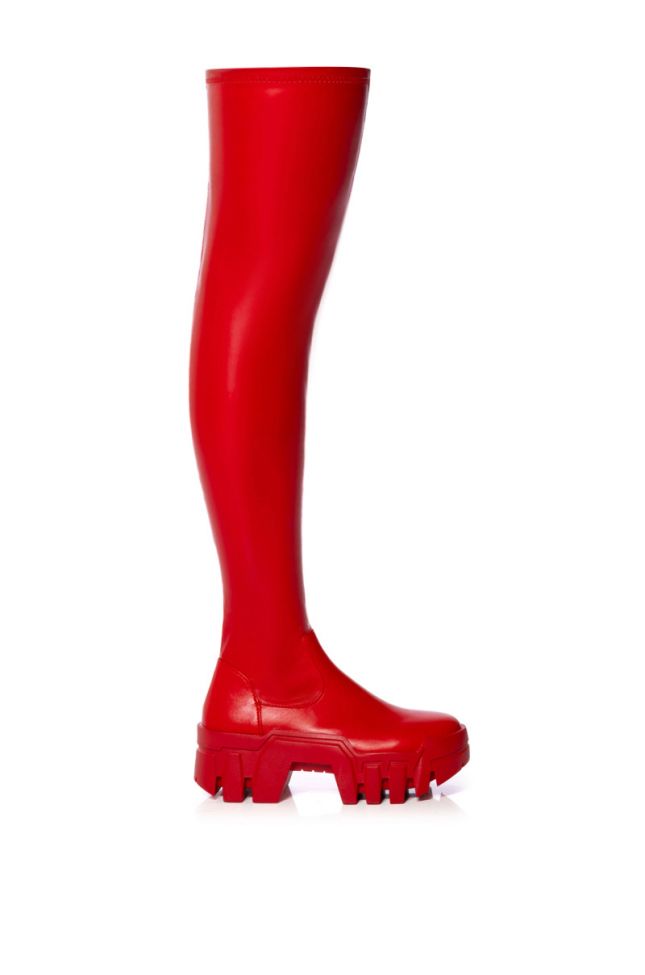 Side View Azalea Wang Favored Stretch Pu Thigh High Boot In Red
