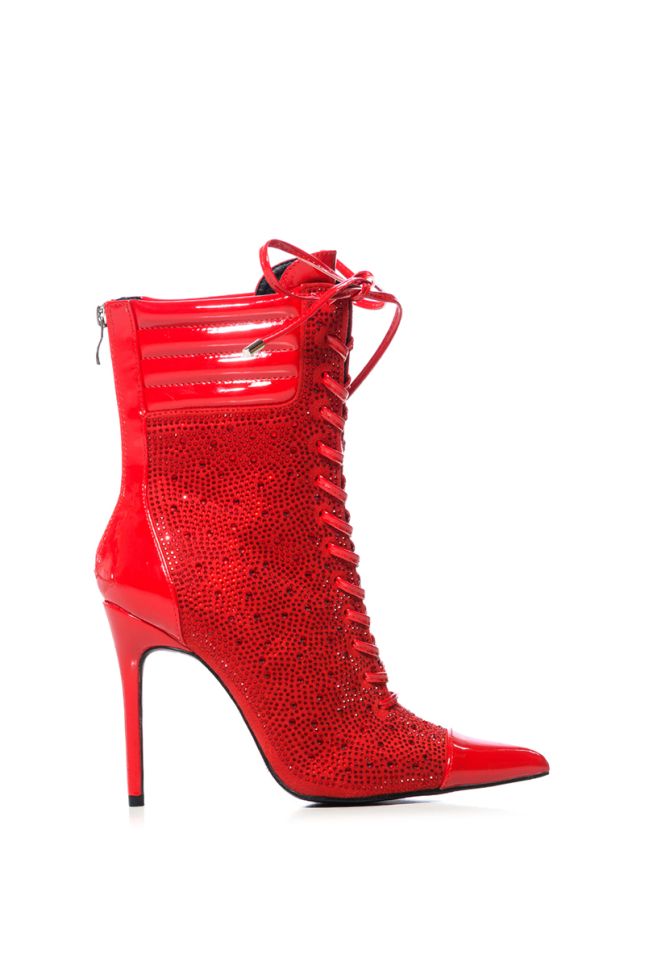 Side View Azalea Wang Fireflame Embellished Bootie In Red