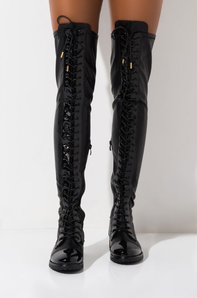 Front View Azalea Wang Flat Over The Knee Lace Up Boot in Black Pu