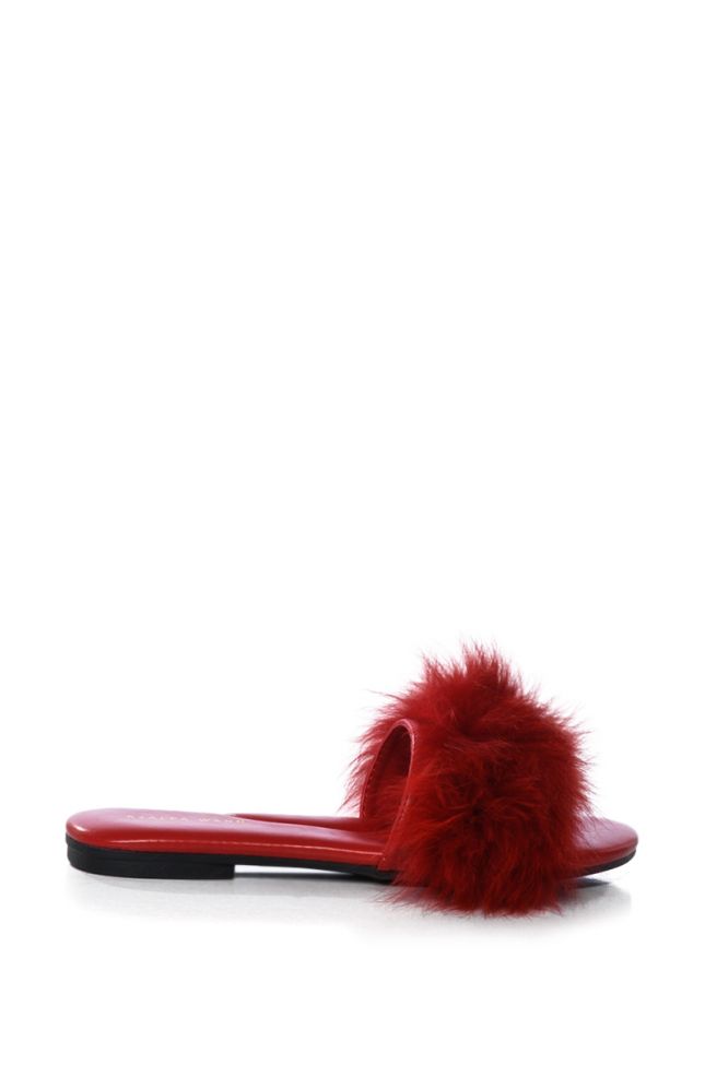 Back View Azalea Wang Foxy Basic Fur Flat Sandal In Red