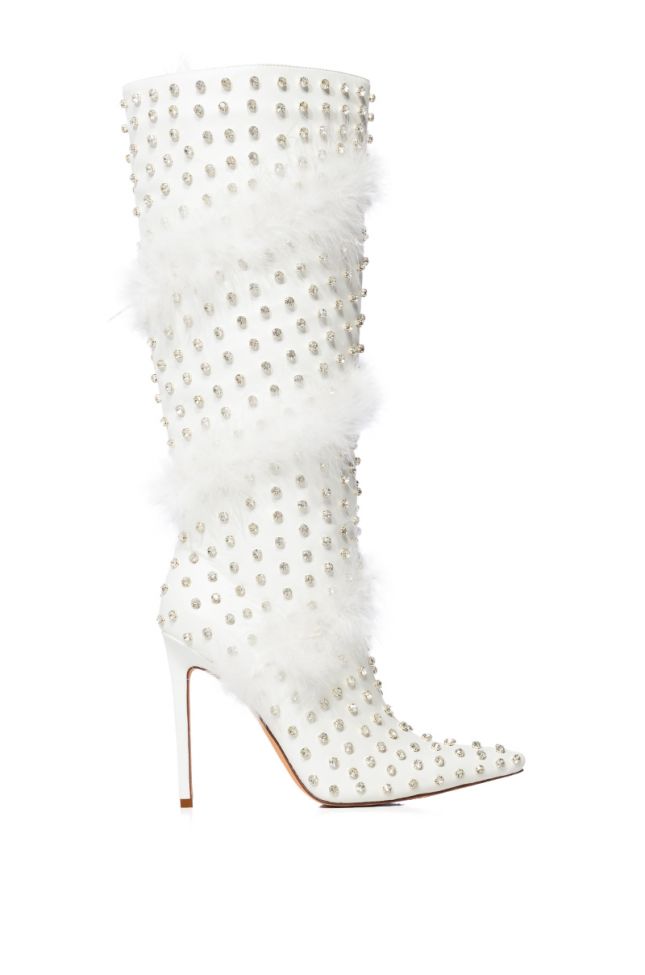 Side View Azalea Wang Gardenia Feather Embellished Boot In White