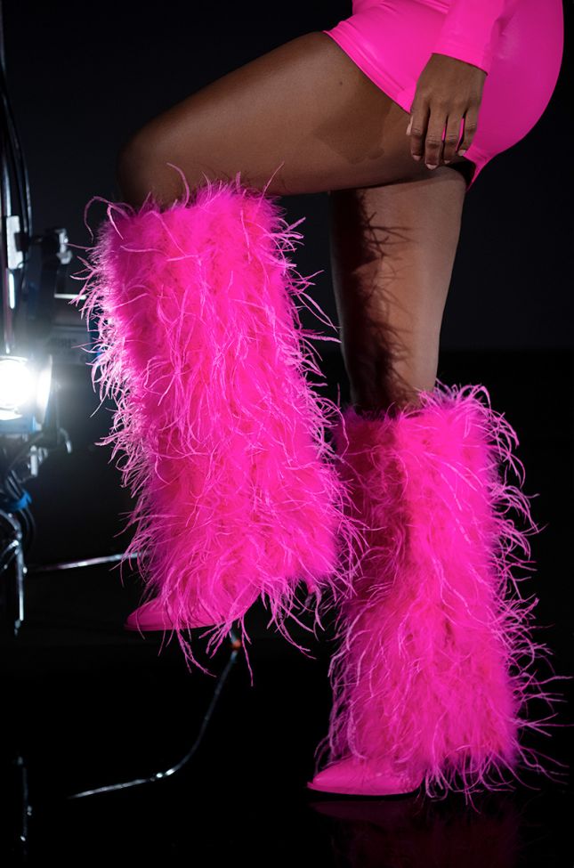 Extra View Azalea Wang Go Girl Knee High Pink Feather Boot