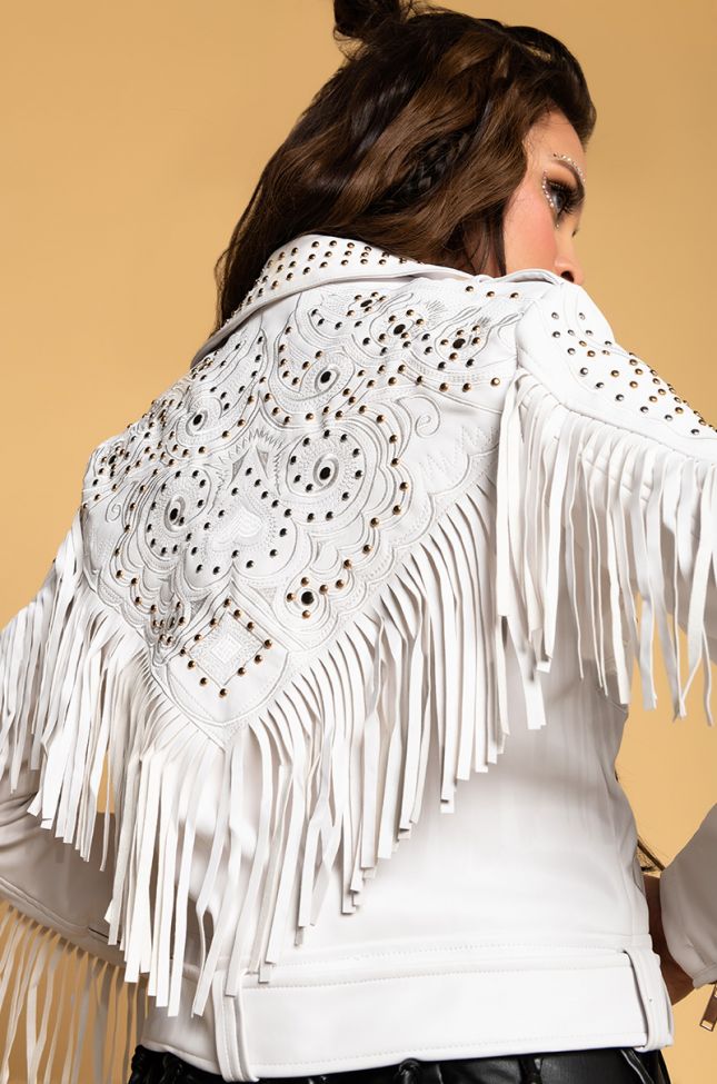 Detail View Azalea Wang Grand Ole Opry Western Fringe Back Moto Jacket in White