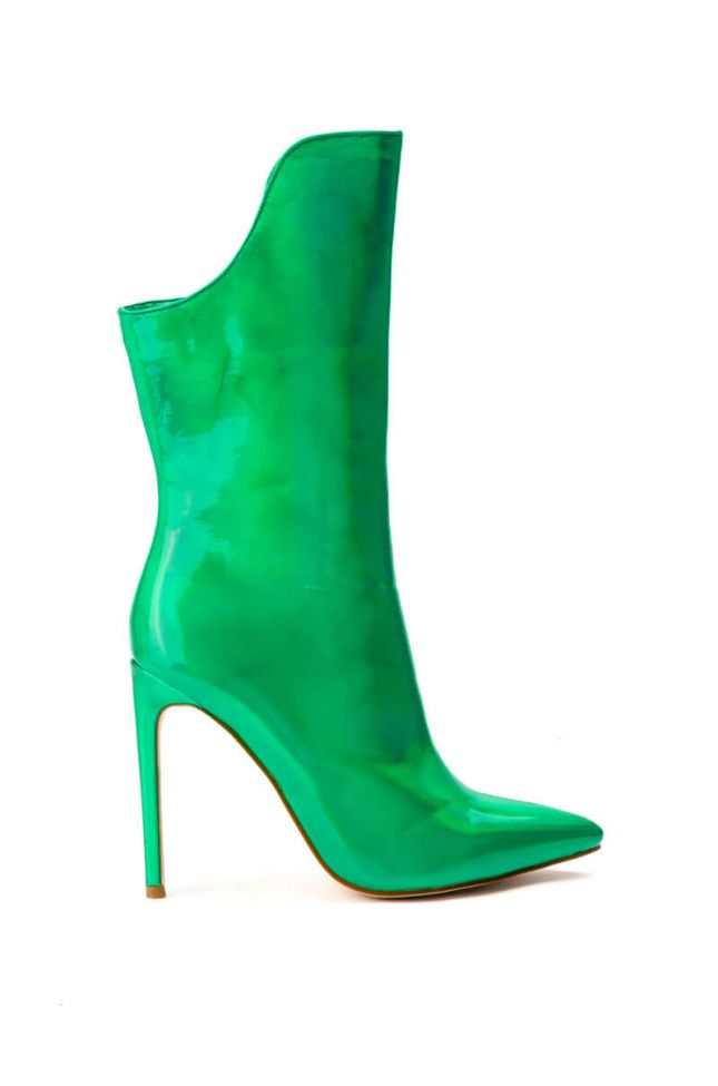Side View Azalea Wang Halo Holographic Stiletto Bootie In Green