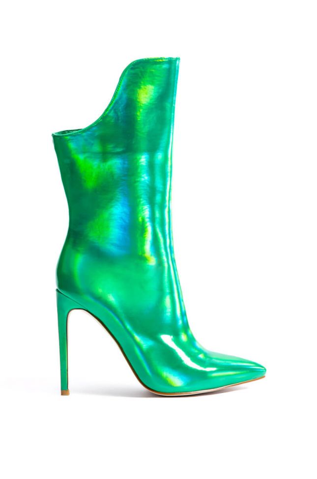 Side View Azalea Wang Halo Holographic Stiletto Bootie In Green