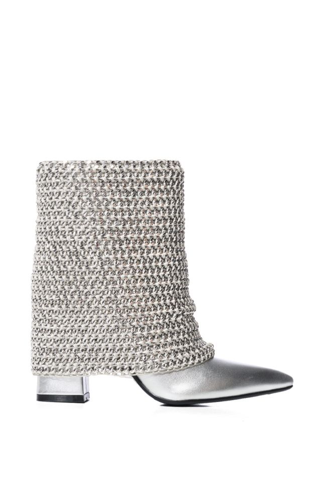 Side View Azalea Wang Havannah Chain Covered Bootie In Silver