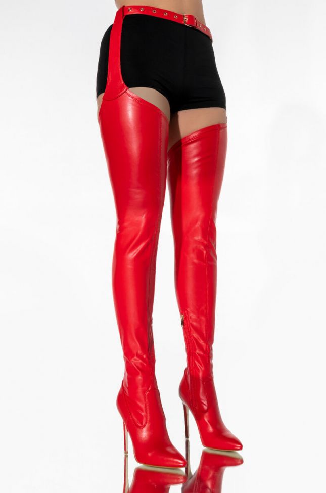 Front View Azalea Wang Im Movin On Belted Stiletto Boot In Red