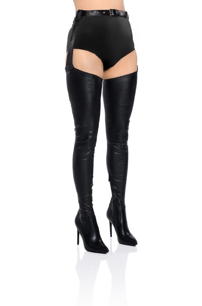 Front View Azalea Wang Im Movin On Belted Thigh High Stiletto Chap Boot With 4 Way Stretch