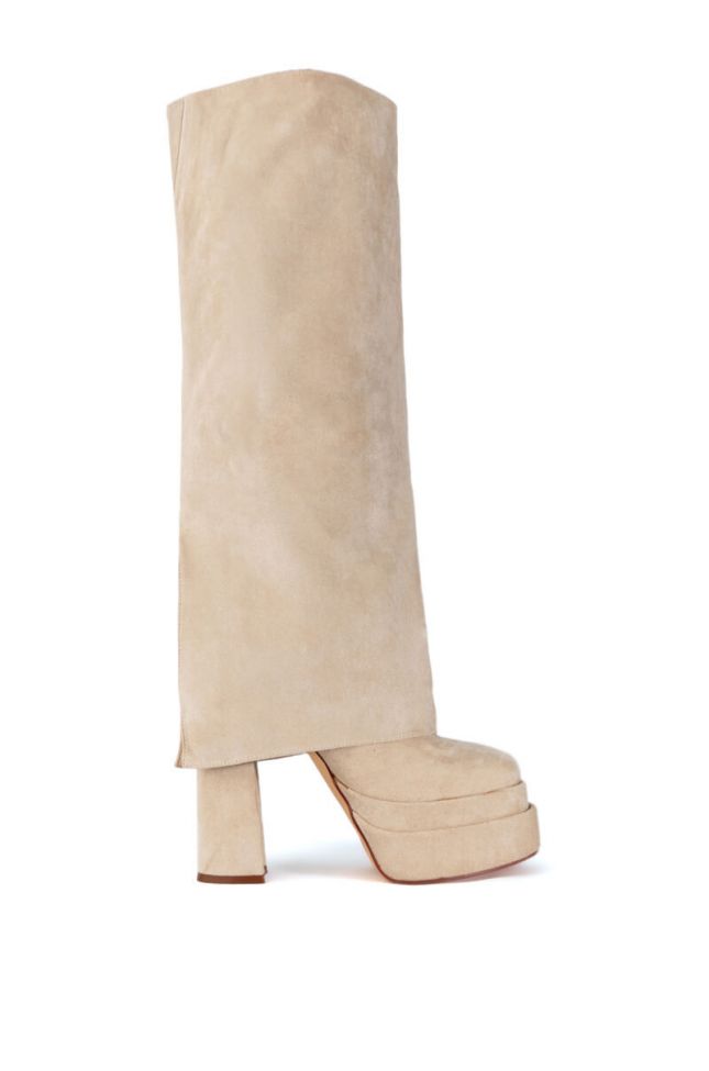 Side View Azalea Wang Invisible Fold Over Chunky Boot In Tan Suede