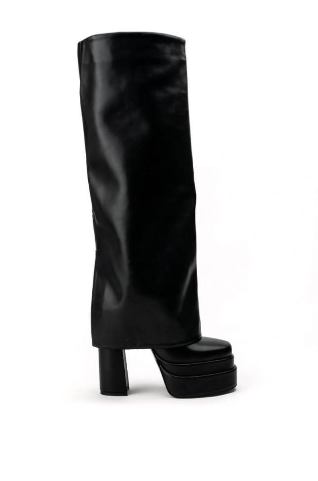 Side View Azalea Wang Invisible Knee High Fold Over Chunky Boot In Black